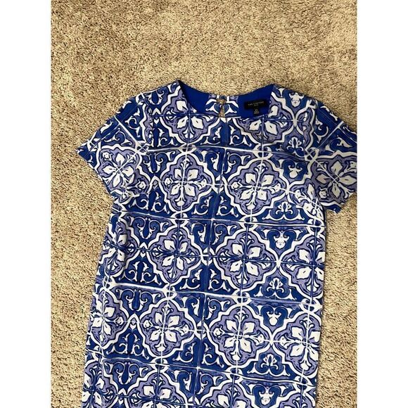 The Limited Round Neck Blue Geometric Print Cap Sleeve Mini Sheath Dress XS - Picture 2 of 4